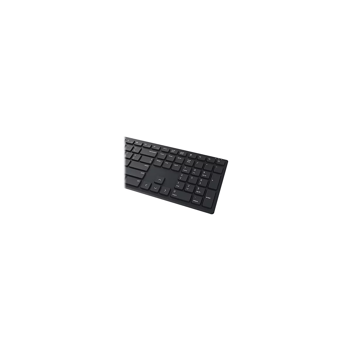 Schwarze Computertastatur mit Tasten und Ziffernblock auf weißem Hintergrund.