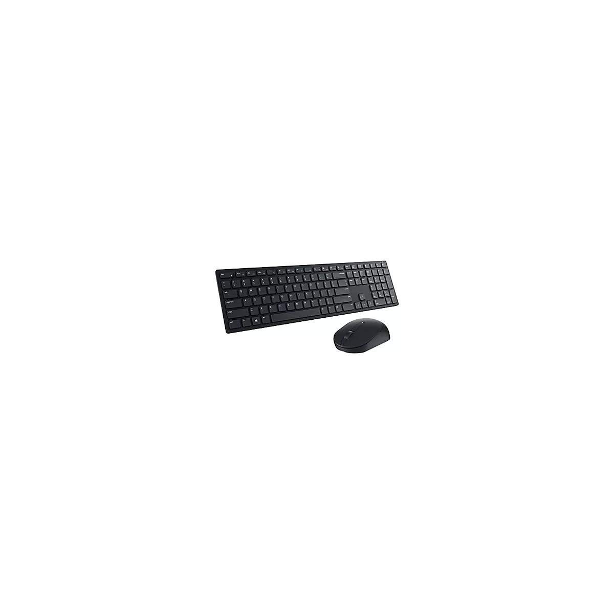 Schwarzes drahtloses Tastatur-Maus-Set. Die Tastatur hat flache Tasten, daneben liegt die Maus mit Scrollrad.