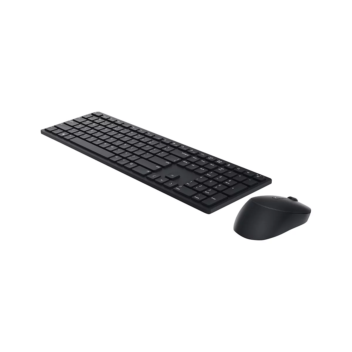 Schwarzes drahtloses Tastatur-Maus-Set. Die Tastatur liegt schräg, daneben die Maus.