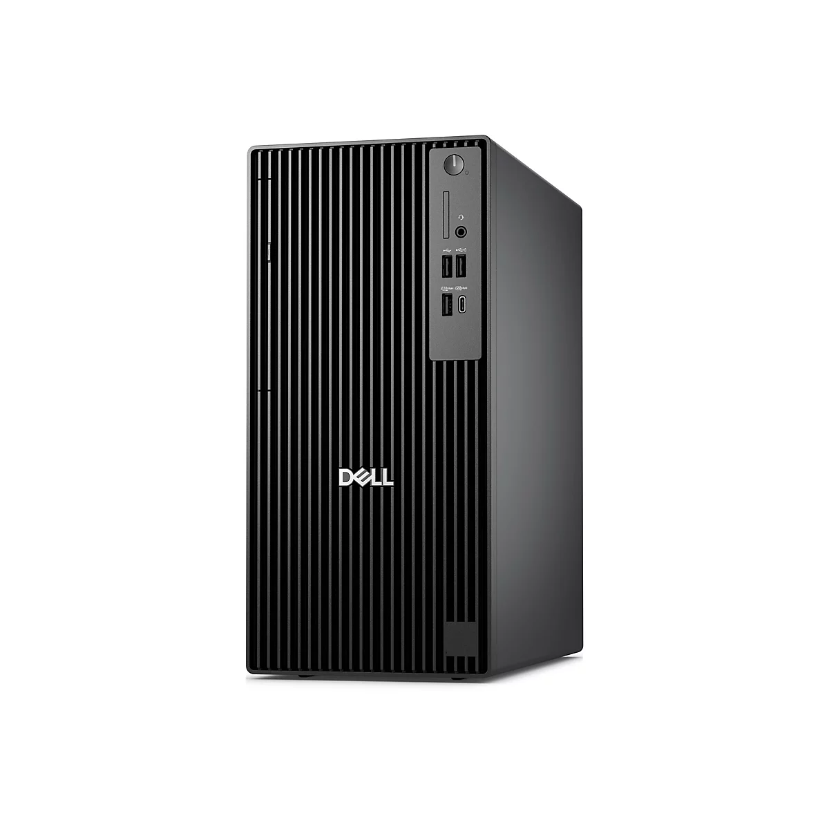 Schwarzer Desktop-PC mit vertikalen Streifen, Dell-Logo unten, Anschlüsse rechts.