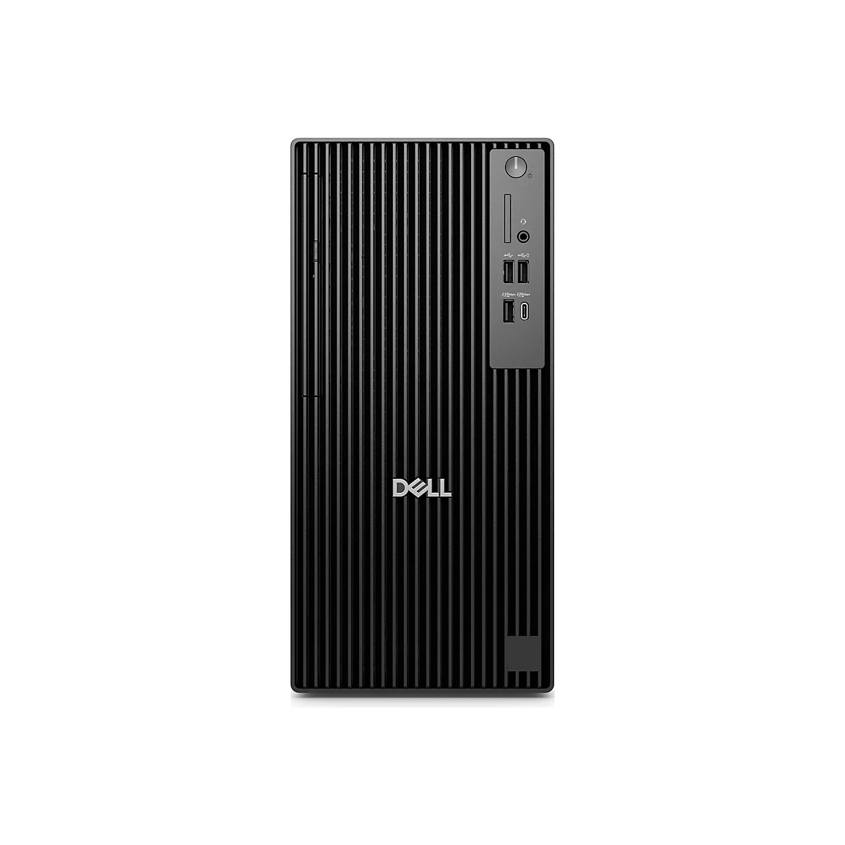 Ein schwarzer Dell-Tower-Computer, Ansicht von vorne, mit vertikalen Lamellen. Oben rechts Bedienfeld mit Ein-/Aus-Taste, USB-Anschlüssen.