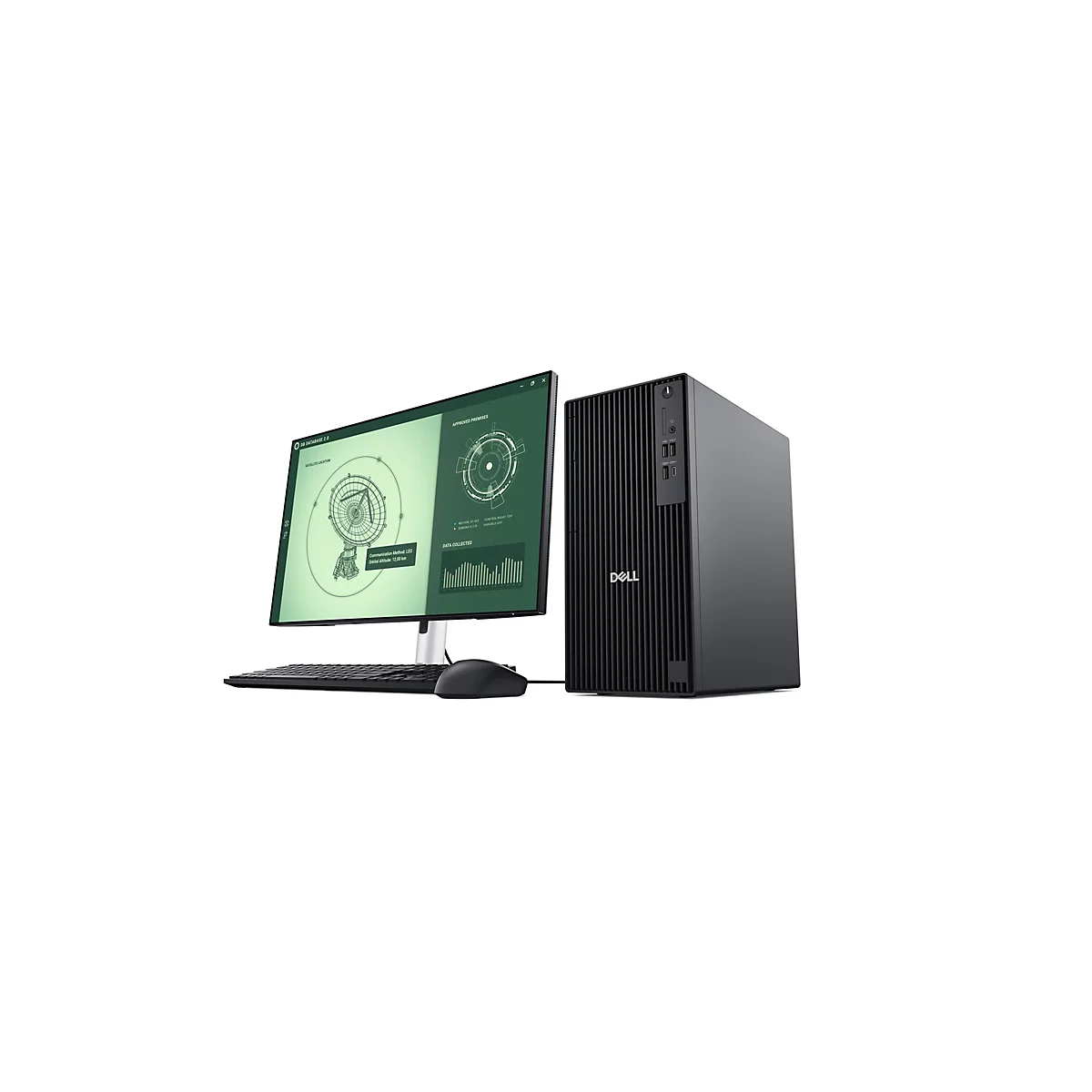 Un ordinateur de bureau Dell noir avec moniteur, clavier et souris sur fond blanc. Le moniteur affiche des données et des graphiques.