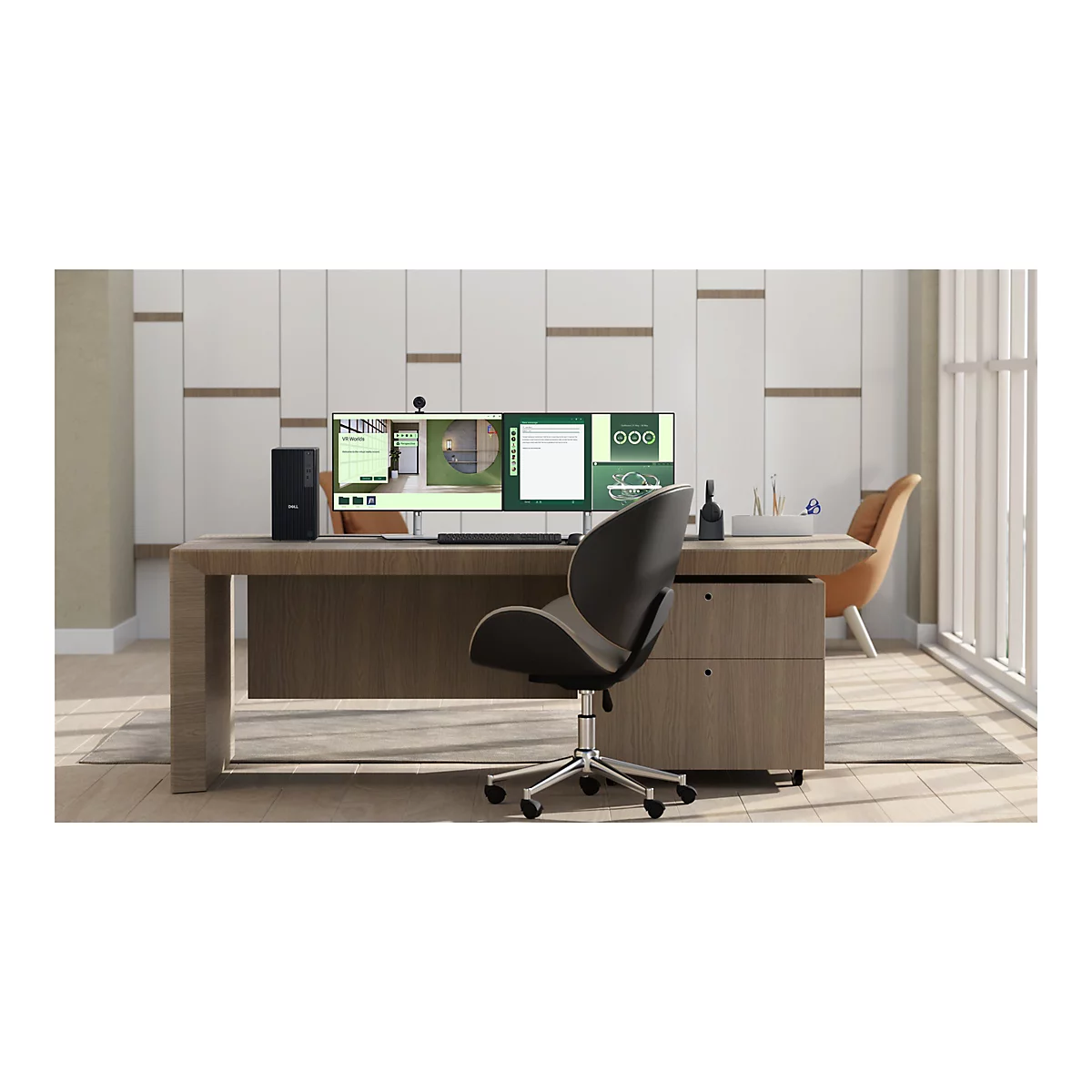 Un bureau avec deux moniteurs et des accessoires informatiques. Une interface utilisateur est visible sur l'écran, une chaise de bureau noire se tient devant lui. Un autre détail est un PC noir.