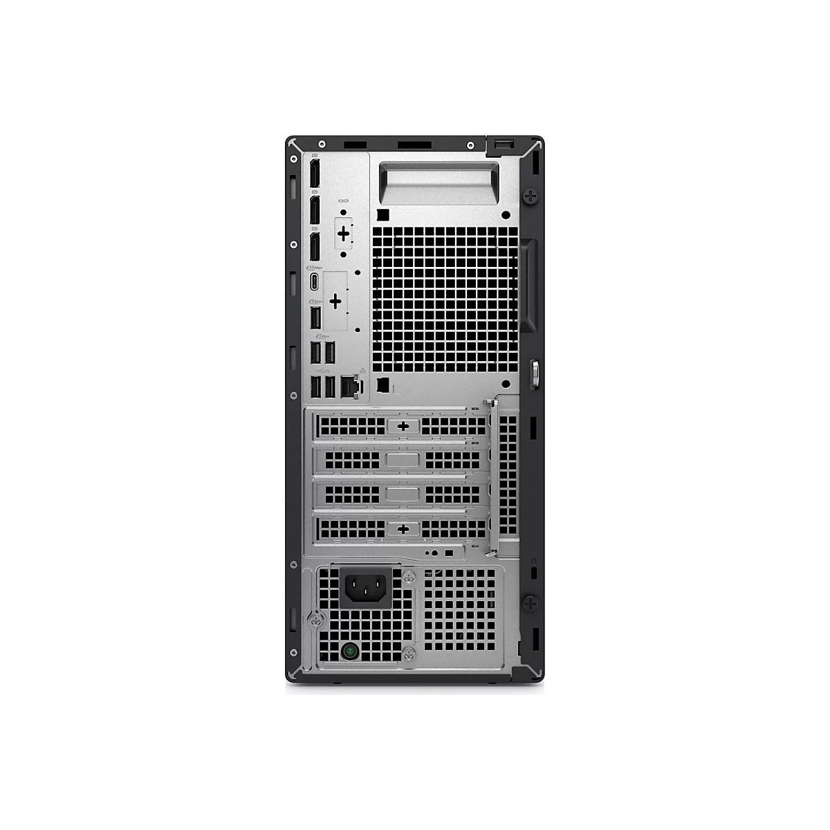 Rückansicht eines schwarzen Desktop-Computers mit verschiedenen Anschlüssen und Lüftungsöffnungen.