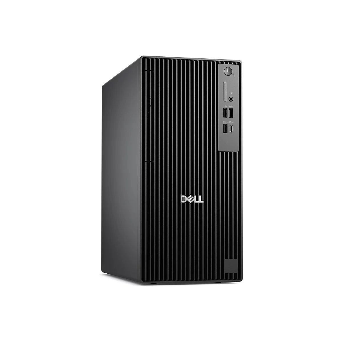 PC tour Dell noir sur fond blanc. Façade avant rainurée verticale avec logo Dell. Bouton d'alimentation, ports USB et autres ports.