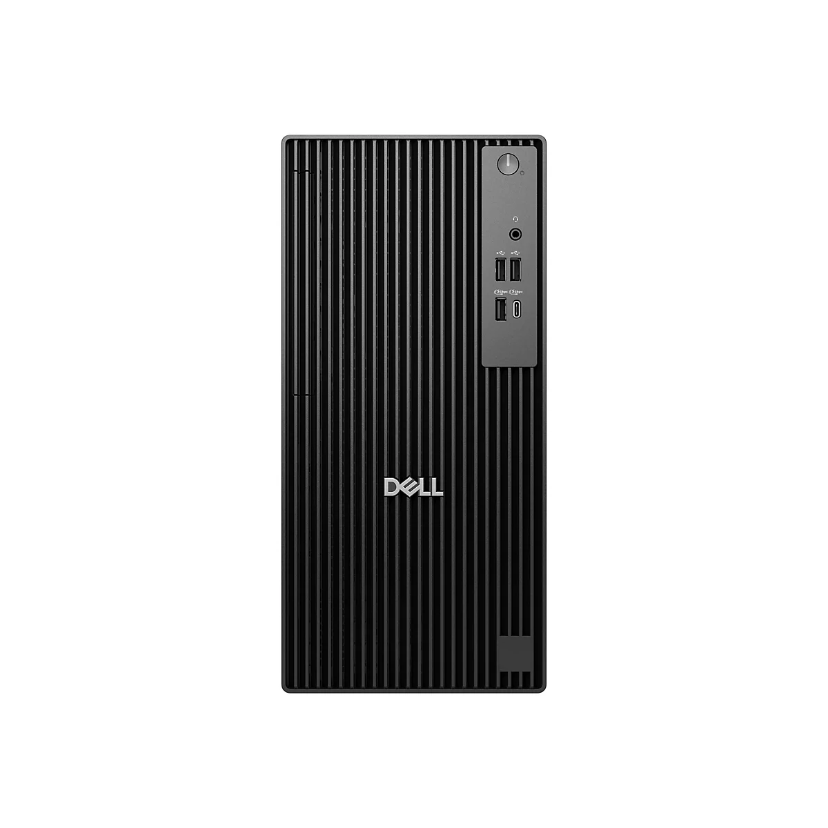 Ein schwarzer Dell-Desktop-Computer. Die Front ist vertikal geriffelt, mit dem Dell-Logo unten. An der Seite befinden sich Anschlüsse und ein Einschaltknopf.