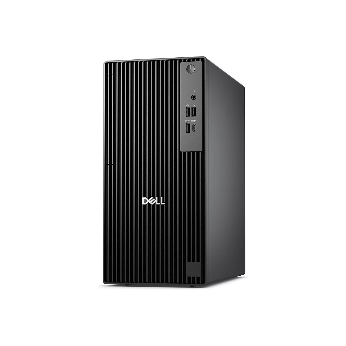 Schwarzer Dell-PC mit vertikalen Streifen auf der Vorderseite. Oben befinden sich Anschlüsse und ein Power-Knopf. Das Dell-Logo ist mittig platziert.
