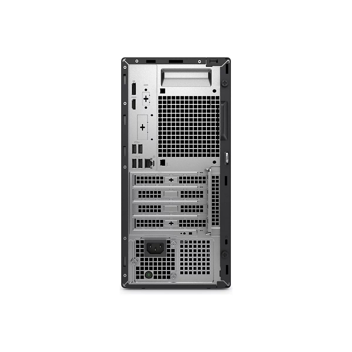 Rückansicht eines schwarzen Desktop-Computers mit Anschlüssen. Anschlüsse umfassen HDMI, USB und Stromanschluss.
