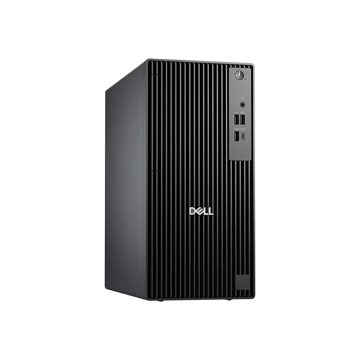 Ein schwarzer Dell-PC-Tower, Frontansicht. Auf der Vorderseite befinden sich Kühlrippen, das Dell-Logo und Anschlüsse.