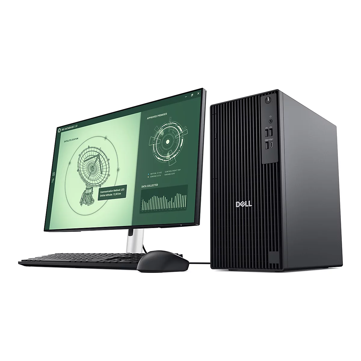 Ein schwarzer Dell-Desktop-PC mit Monitor, Tastatur und Maus. Der Monitor zeigt eine grafische Benutzeroberfläche mit Daten über Satellitenortung.