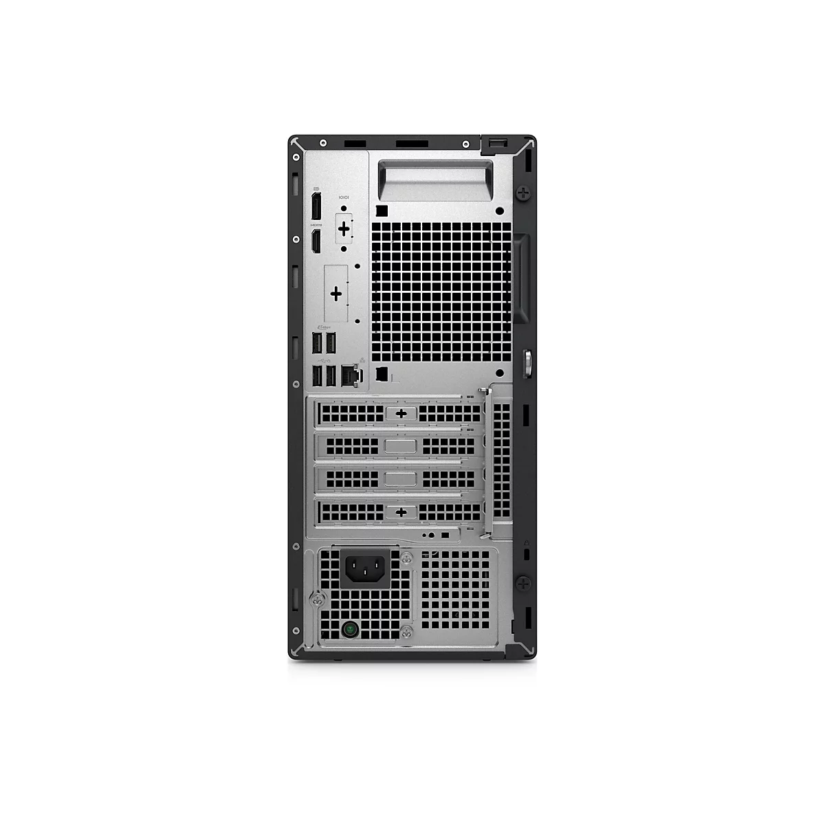 Rückansicht eines schwarzen Desktop-PCs. Sichtbar sind Anschlüsse für HDMI, Ethernet, USB und Strom.