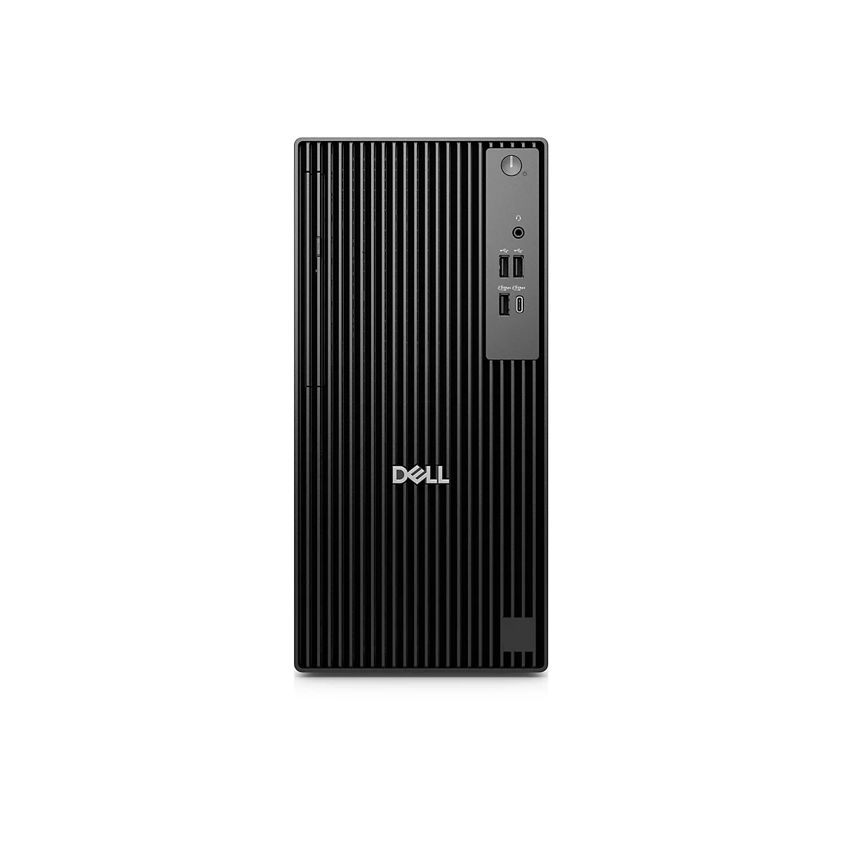 Schwarzer Dell-Tower-PC vor weißem Hintergrund. Auf der Front befindet sich ein Power-Button, USB-Anschlüsse und das Dell-Logo.