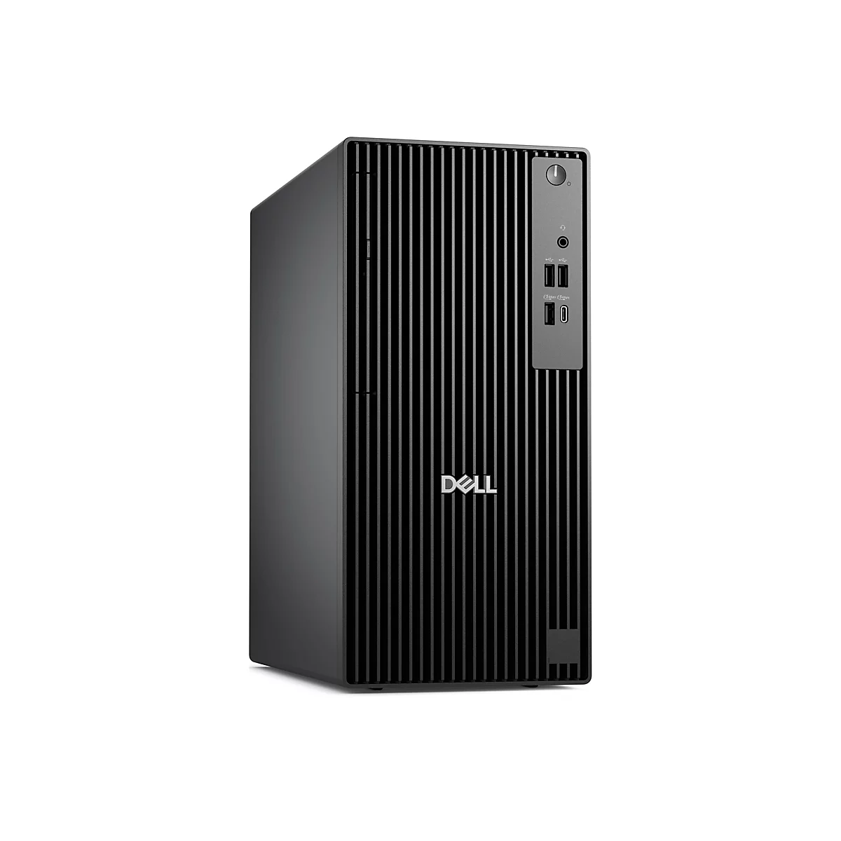 Schwarzer Desktop-PC von Dell. Gehäuse mit vertikalen Rillen; oben Tasten und Anschlüsse.