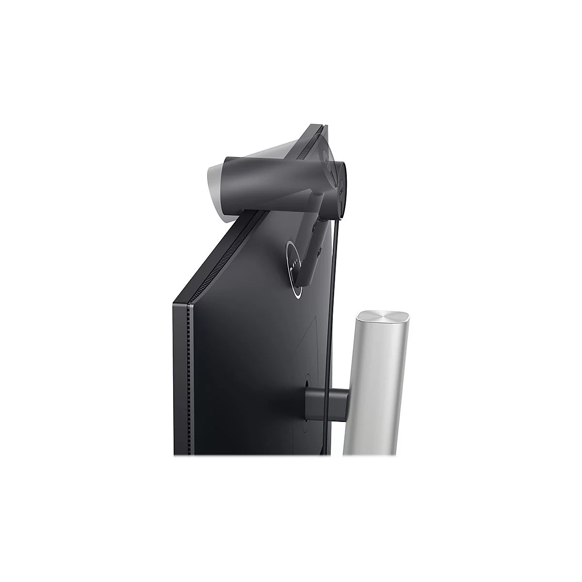 RÃ¼ckansicht eines schwarzen Monitors mit Webcam und silbernem StandfuÃŸ, Details.