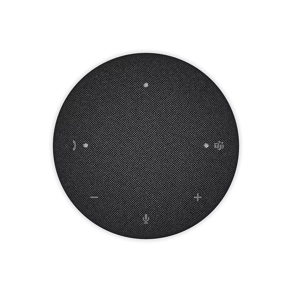 Haut-parleur rond et noir avec boutons de microphone, de volume et de sourdine.