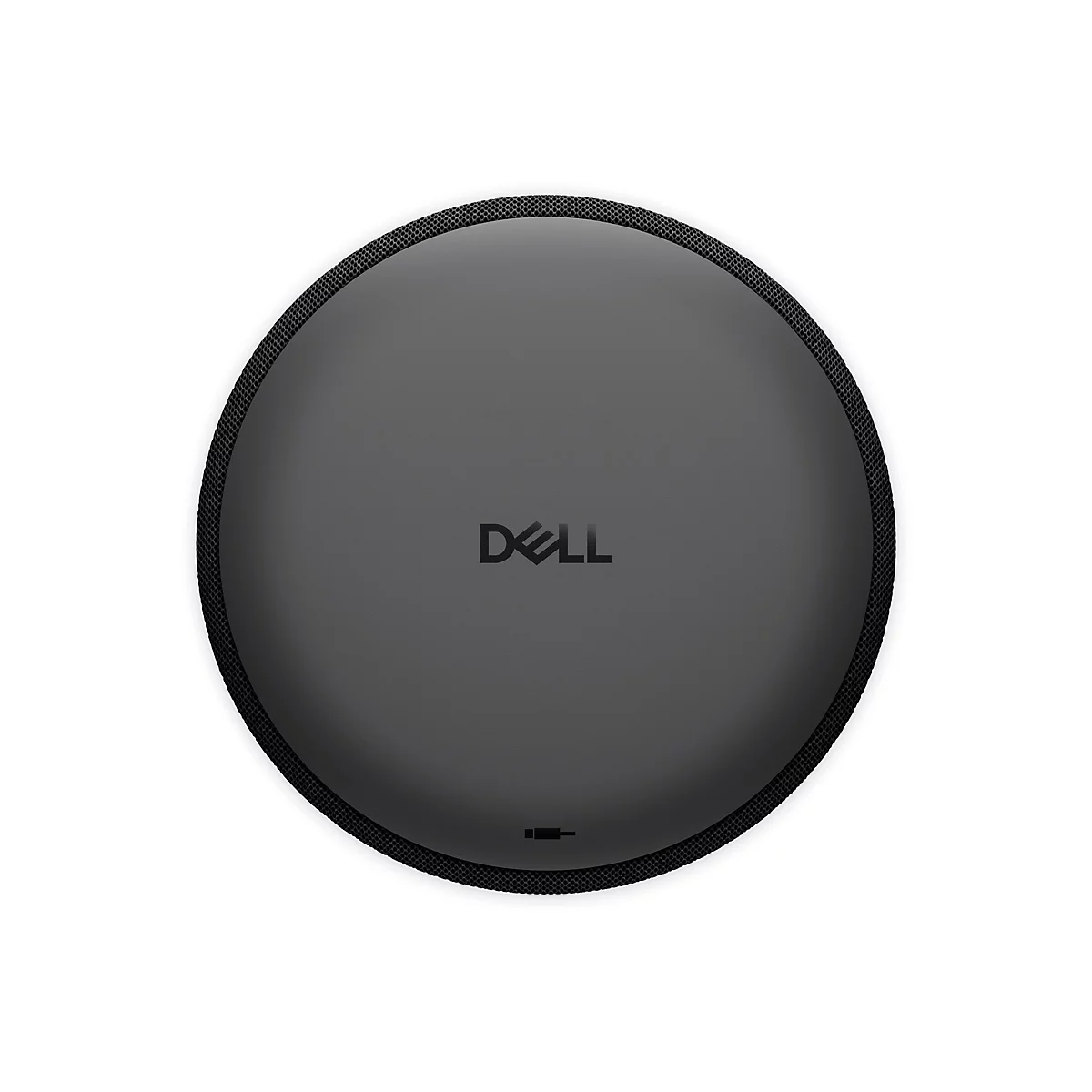 Vue de dessus d'un produit Dell gris avec un bord noir et le logo Dell.