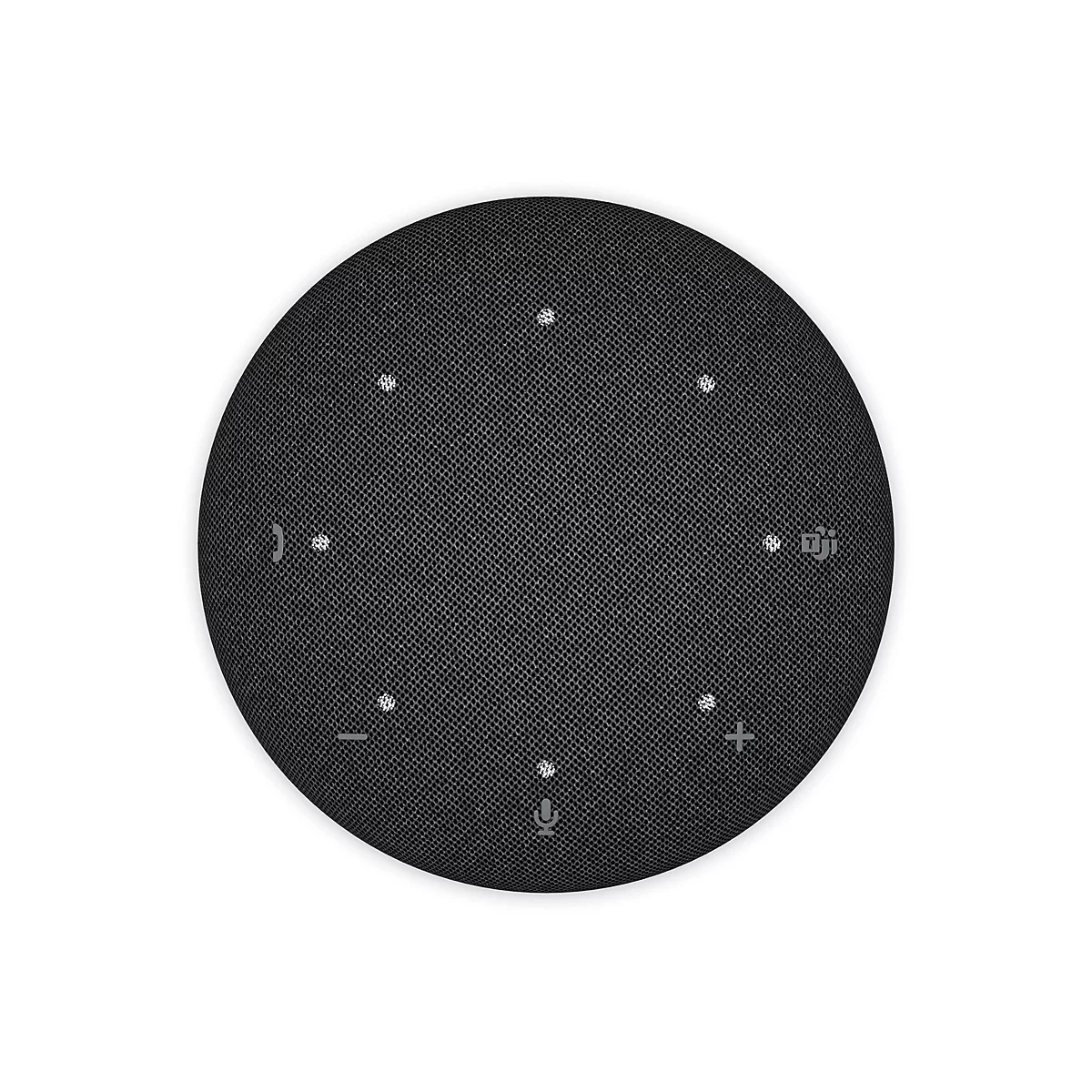 Haut-parleur rond et noir avec boutons de microphone et de volume. Sur fond blanc.