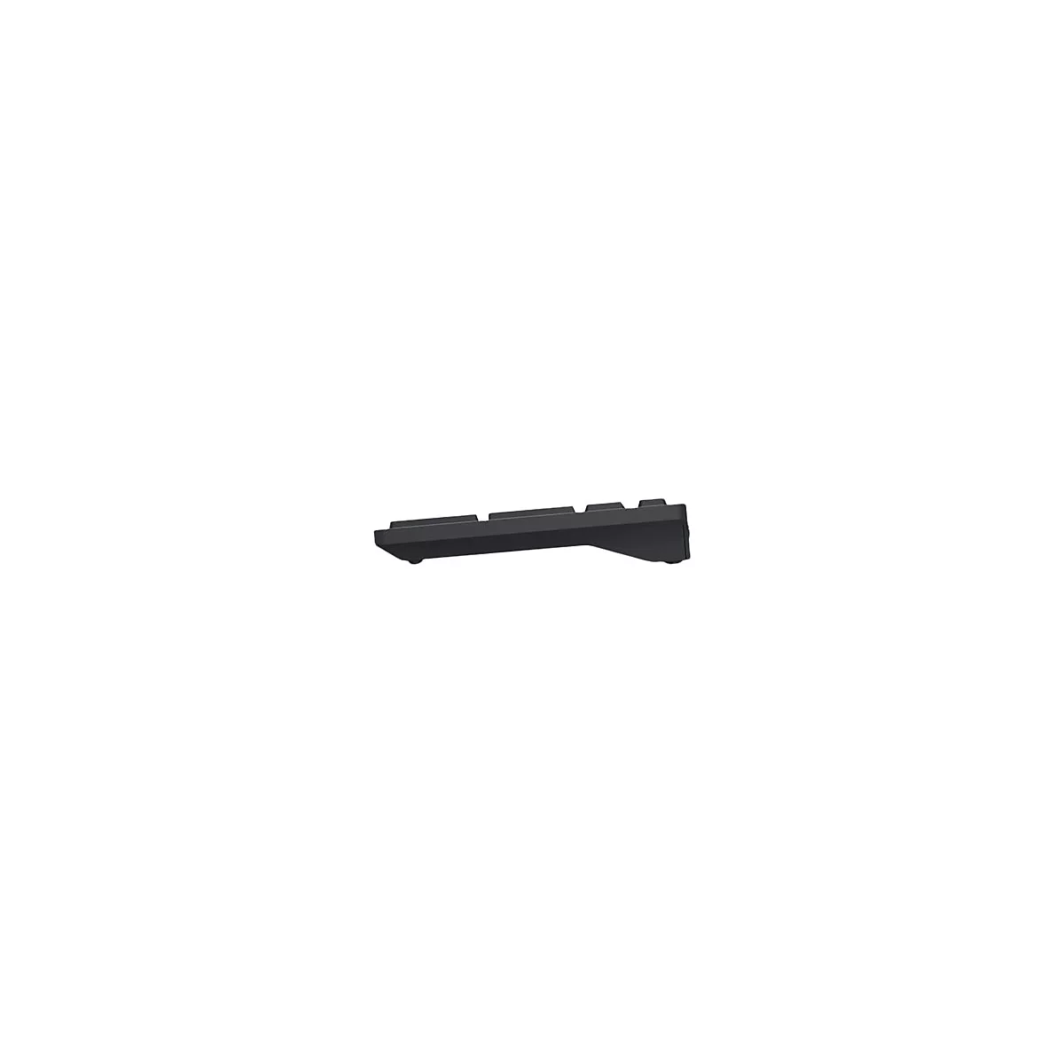 Schwarze Tastatur von der Seite. Tasten sind sichtbar.