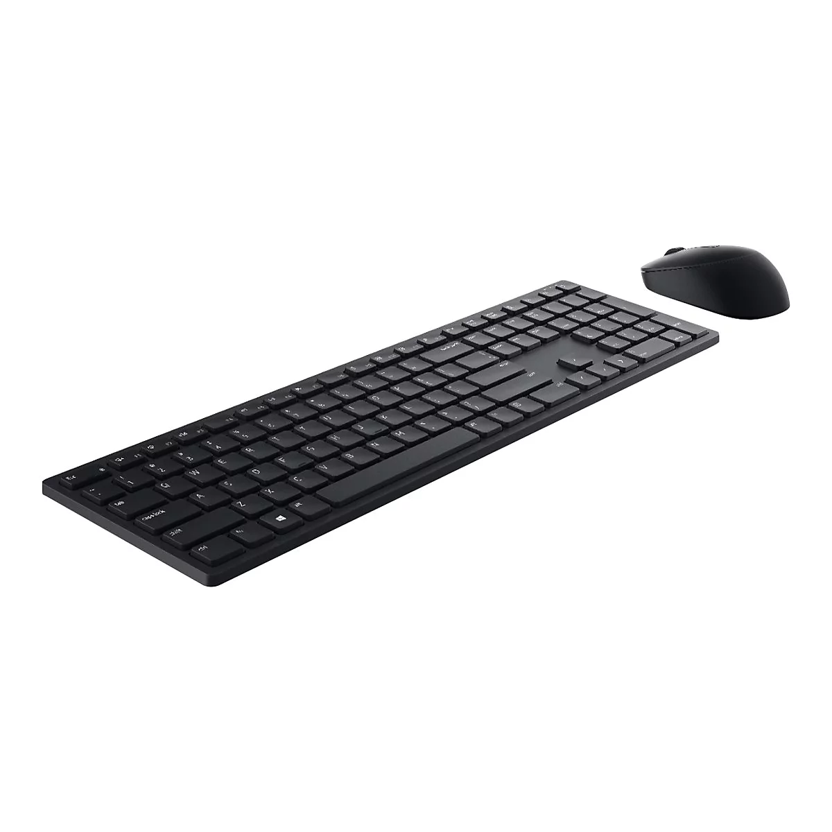 Schwarzes drahtloses Tastatur- und Maus-Set auf weißem Hintergrund.