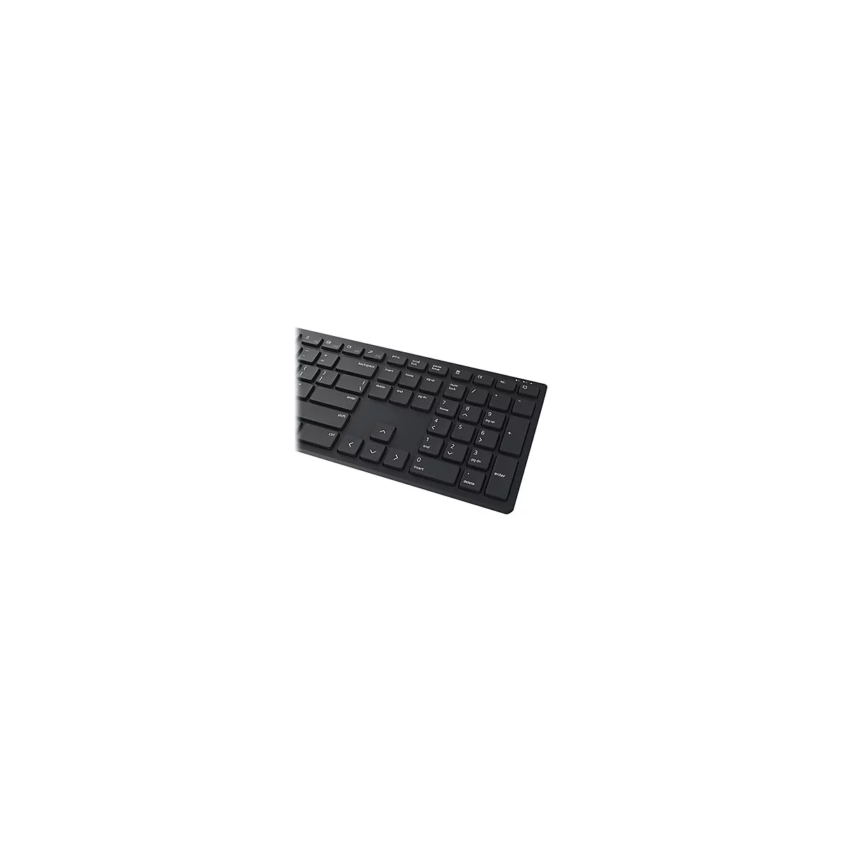 Schwarze Tastatur mit weißen Beschriftungen. Fokus auf den Ziffernblock und Pfeiltasten. Das Layout ist flach und modern.
