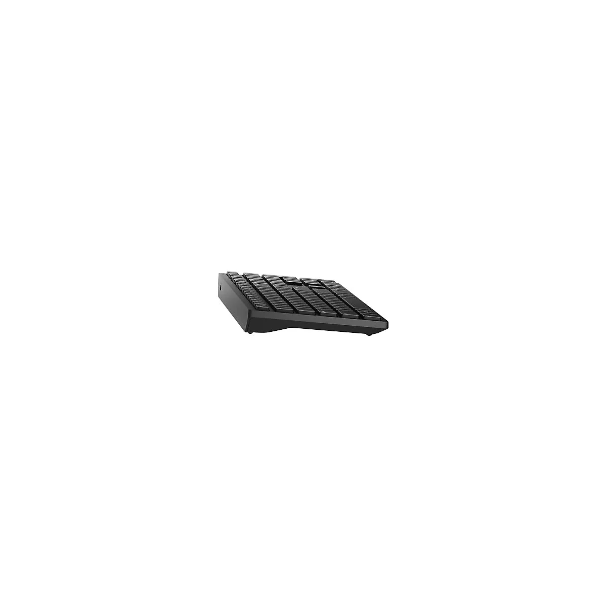 Schwarze, ergonomische Tastatur in Schrägansicht, Tasten angeordnet in mehreren Reihen.