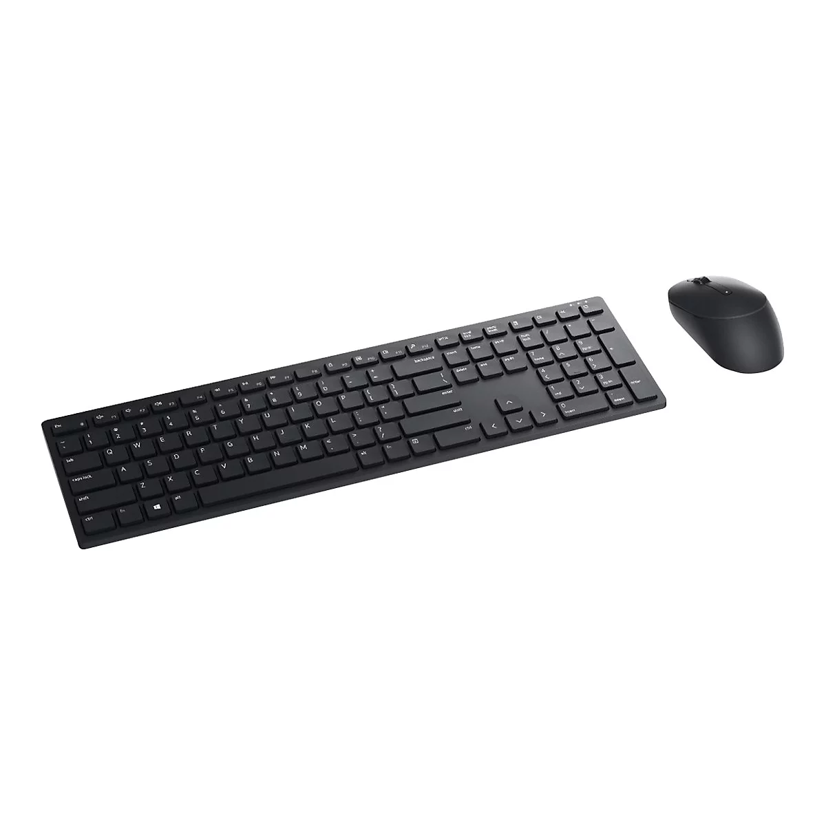 Draufsicht auf ein schwarzes kabelloses Keyboard und eine Maus auf weißem Hintergrund.