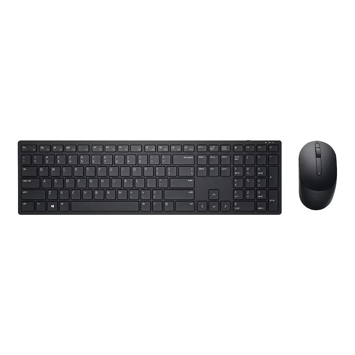 Draufsicht auf ein schwarzes kabelloses Tastatur-Maus-Set auf weißem Hintergrund.
