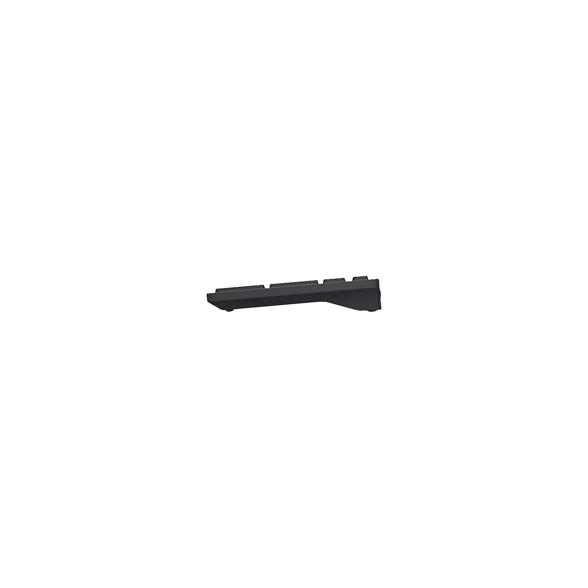 Schwarze Tastatur von der Seite gesehen. Die Tasten sind leicht gewölbt. Der Hintergrund ist weiß.