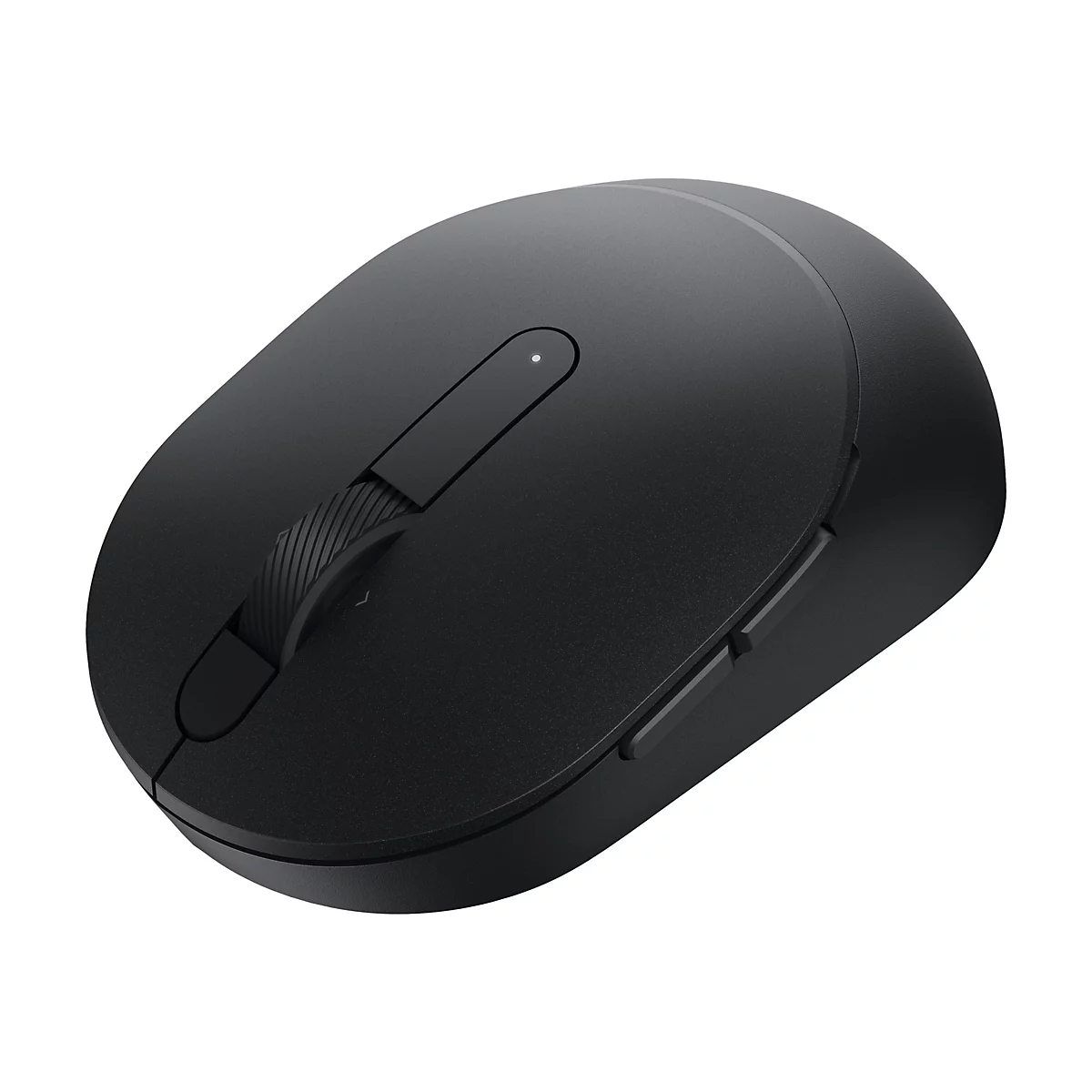 Schwarze, ergonomische Maus mit Scrollrad und zwei Seitentasten. Auf der Oberseite befindet sich eine kleine LED.