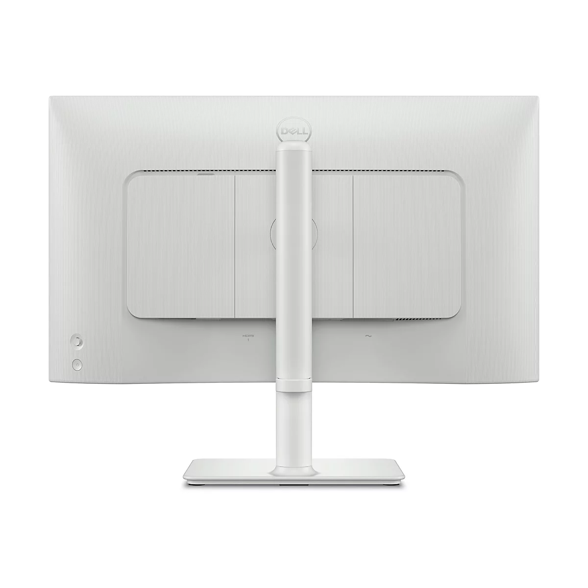 Rückansicht eines weißen Dell-Monitors. Ein Standfuß verbindet den Monitor mit dem Standfuß. Unten befinden sich Anschlüsse, oben ein Dell-Logo.