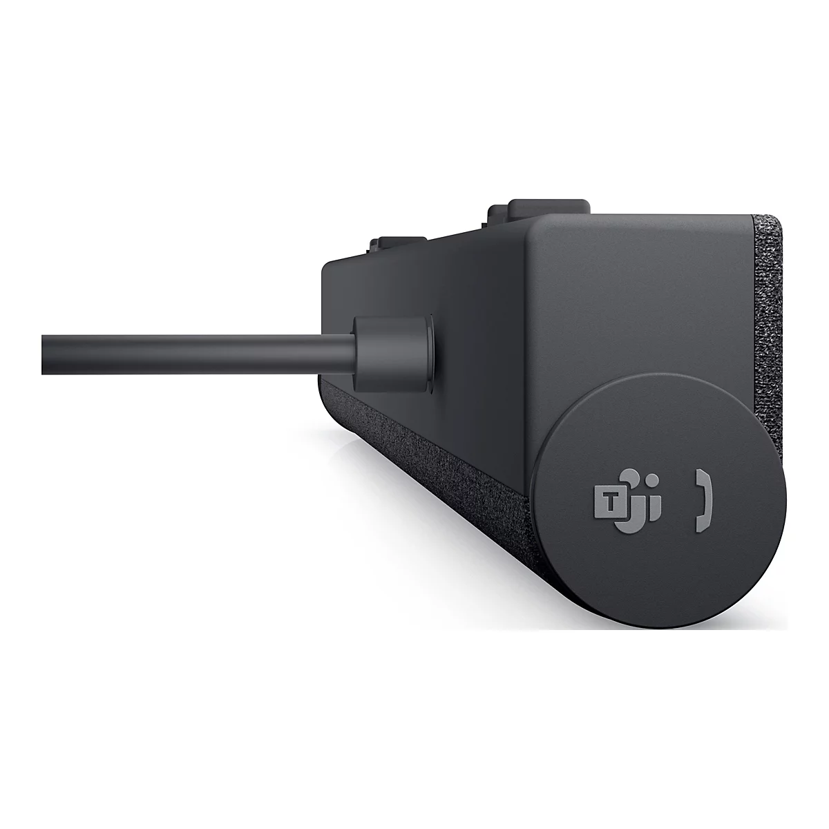 Gros plan sur une barre de son noire avec un bouton rond, un logo d'équipe et un câble. Le fond est blanc.