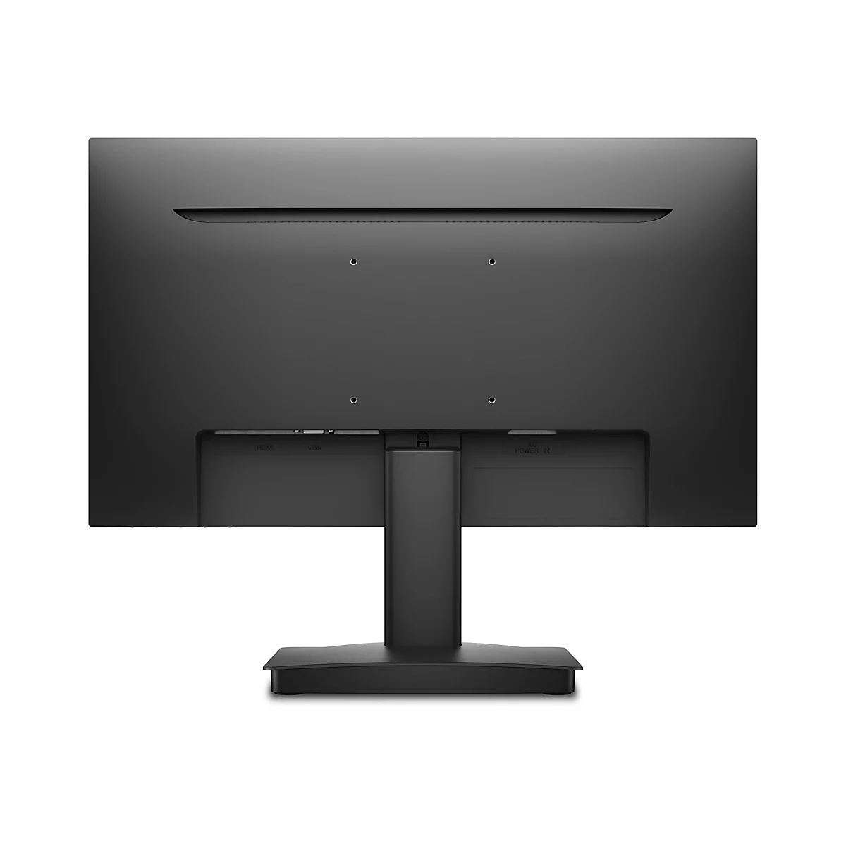 Rückansicht eines schwarzen Monitors mit HDMI-, VGA- und Stromeingängen, auf einem weißen Hintergrund.