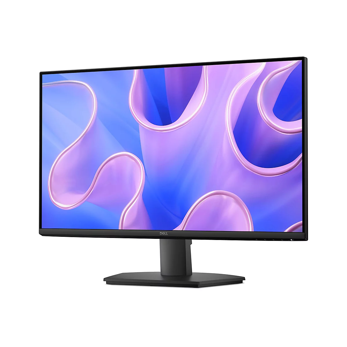 Schwarzer Dell-Monitor vor weißem Hintergrund mit abstraktem lila-blauem Hintergrundbild.