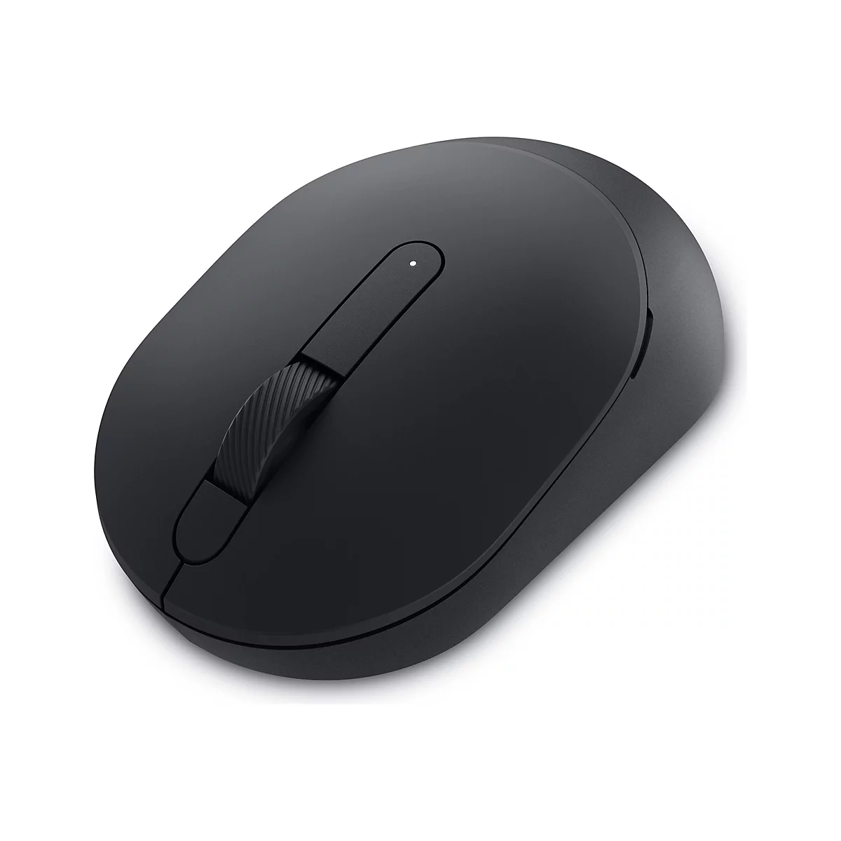 Vue de dessus d'une souris d'ordinateur sans fil noire sur fond blanc. La souris a une molette et un petit bouton.