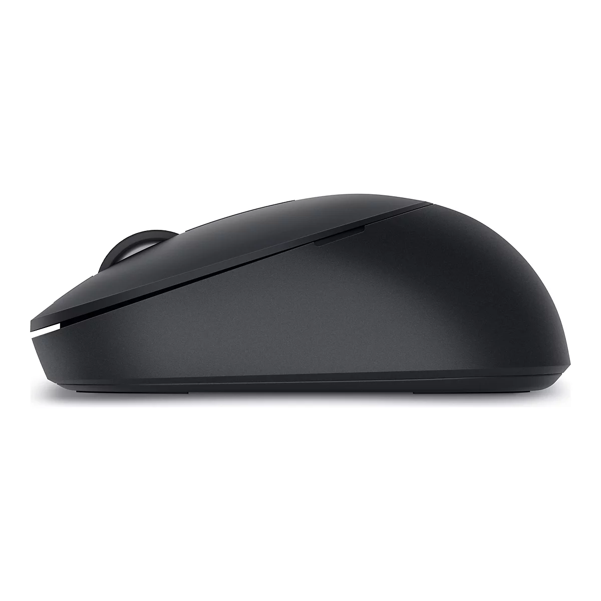 Souris d'ordinateur noire, vue de côté. Une molette de défilement est visible en haut.