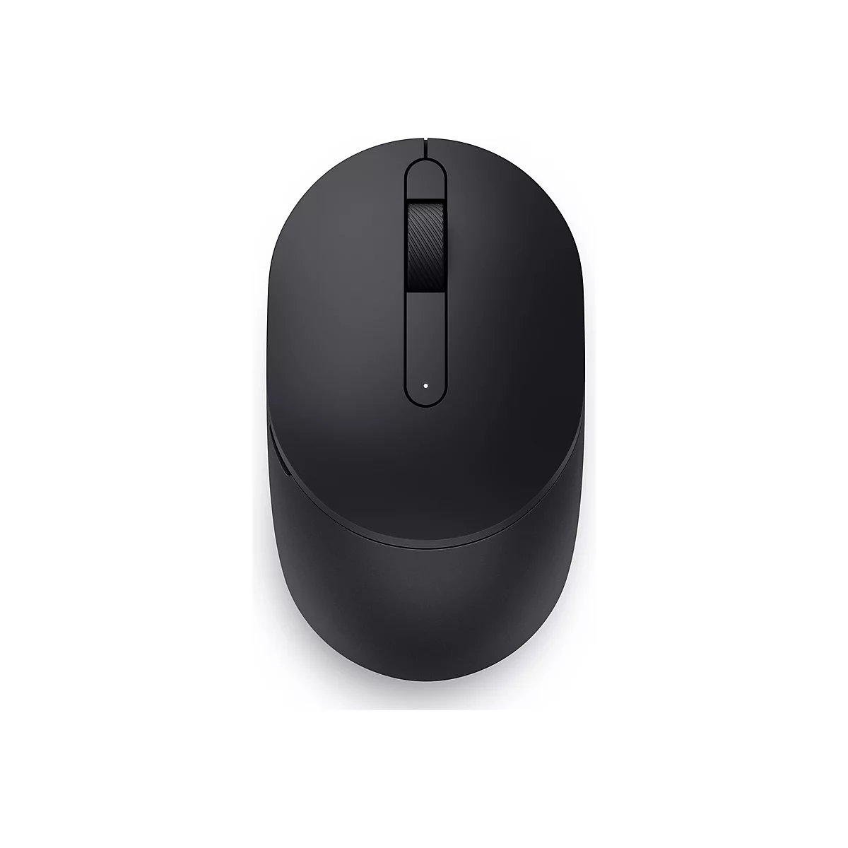 Vue de dessus d'une souris d'ordinateur noire sur fond blanc. La souris possède une molette de défilement et une petite LED.