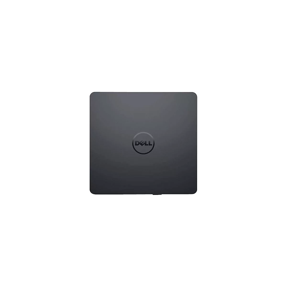 Dunkelgraues Laptop-Oberteil mit rundem Dell-Logo mittig.