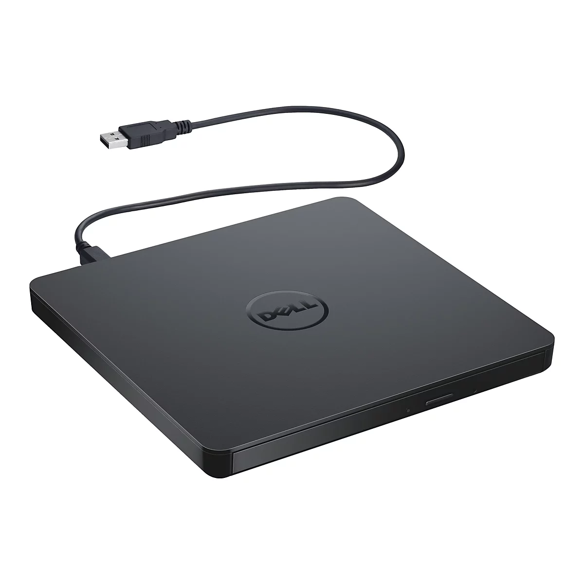 Schwarzes Dell DVD-Laufwerk, mit USB-Kabel, vor weißem Hintergrund. Das Dell-Logo ist auf dem Laufwerk zu sehen.
