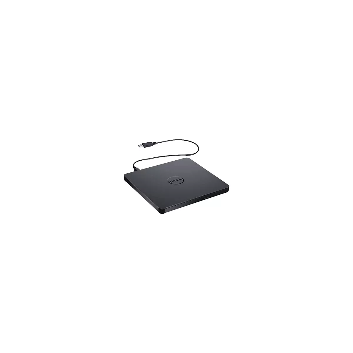 Schwarzes Dell-DVD-Laufwerk mit USB-Kabel. Auf der Oberseite ist das Dell-Logo zu sehen.
