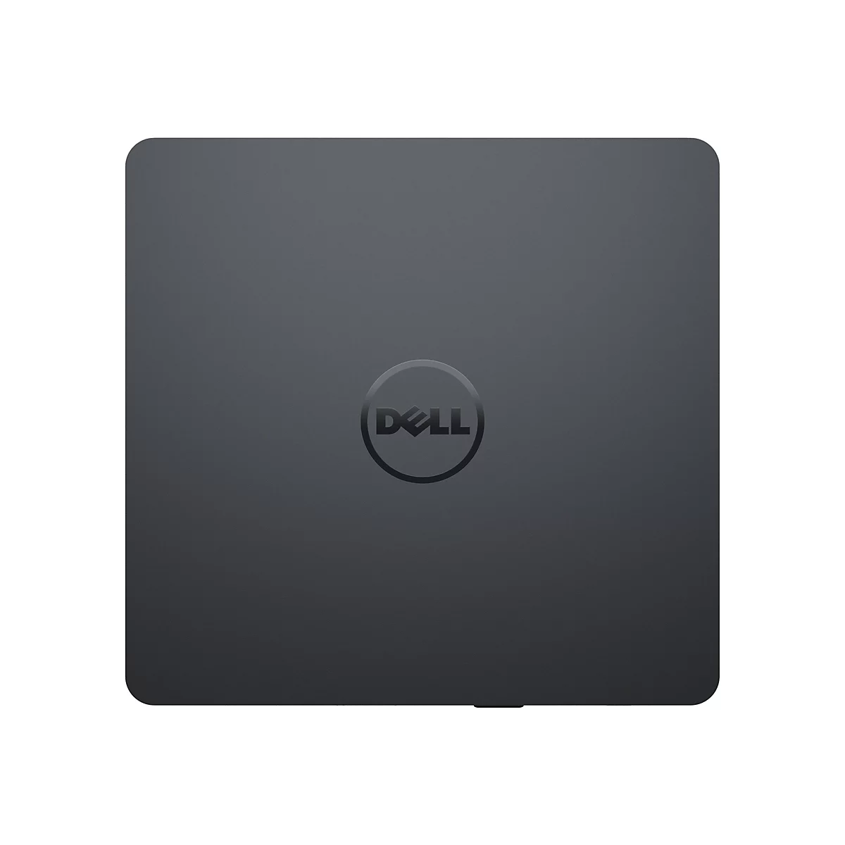 Dunkelgraues Laptop-Gehäuse, darauf das Dell-Logo in einem Kreis.