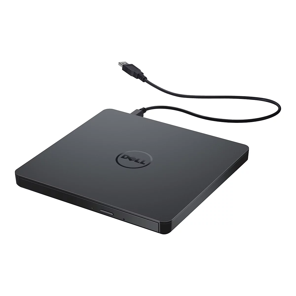Schwarzes Dell-DVD-Laufwerk mit angeschlossenem USB-Kabel. Auf dem Laufwerk ist das Dell-Logo.