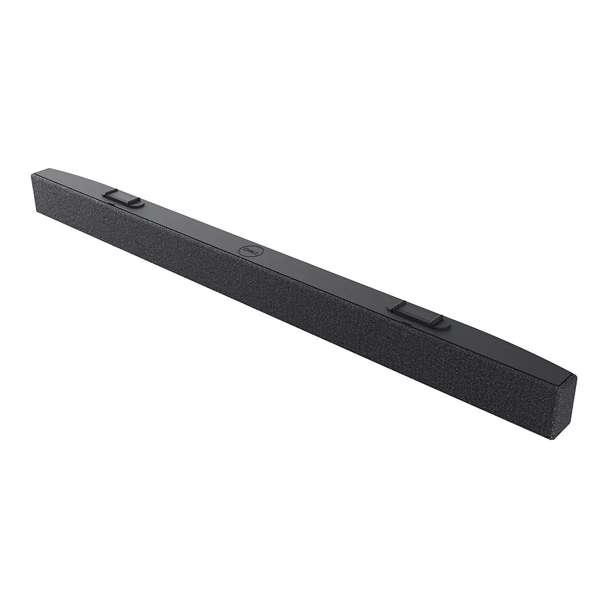 Schwarze Soundbar, texturiert und rechteckig, mit Dell-Logo.
