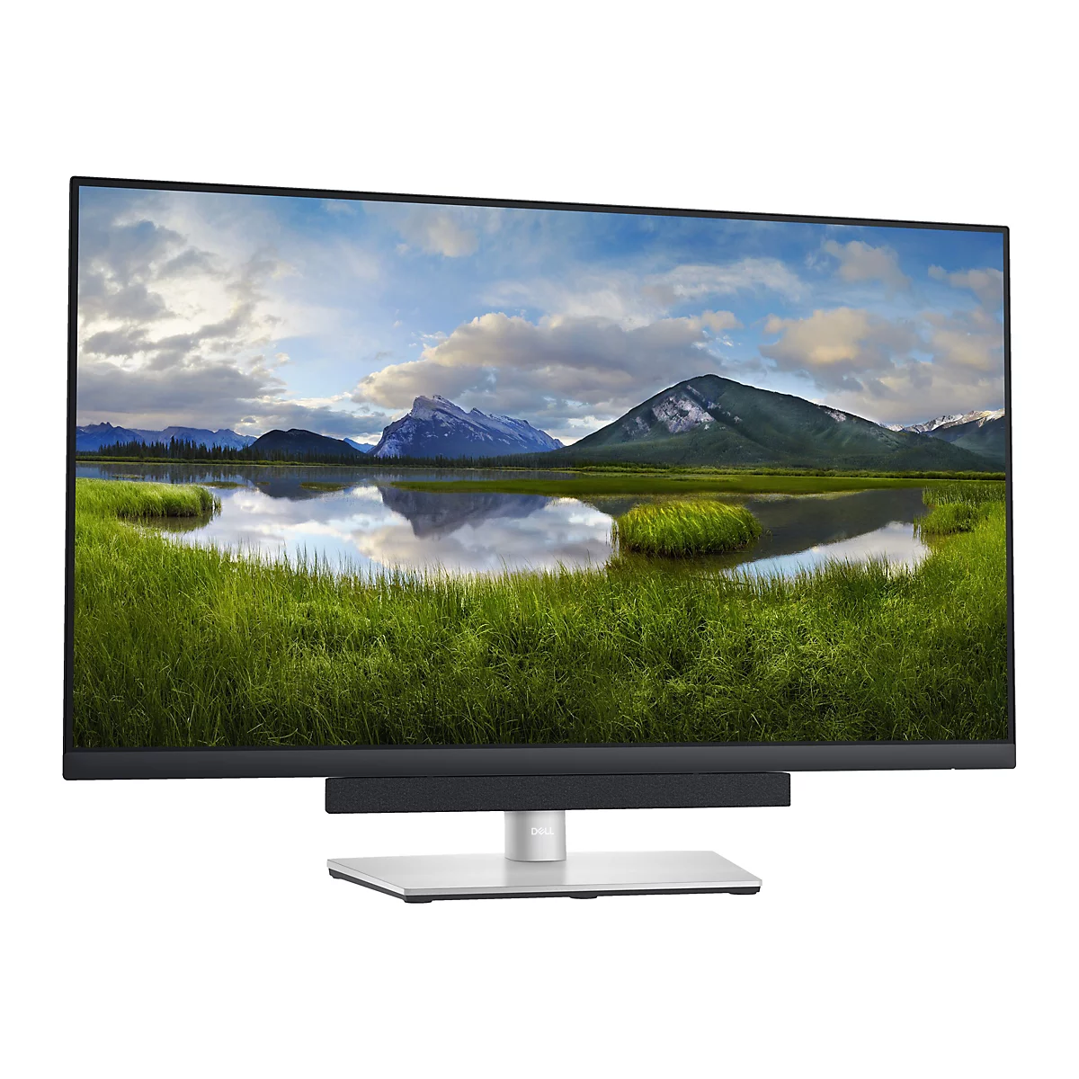 Ein Dell-Monitor zeigt eine Landschaft mit Bergen, Wasser und Gras. Auf dem Monitor ist das Dell-Logo zu sehen.