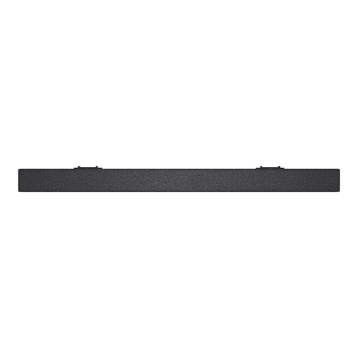 Dunkelgraue Soundbar mit zwei Halterungen auf weißem Hintergrund.