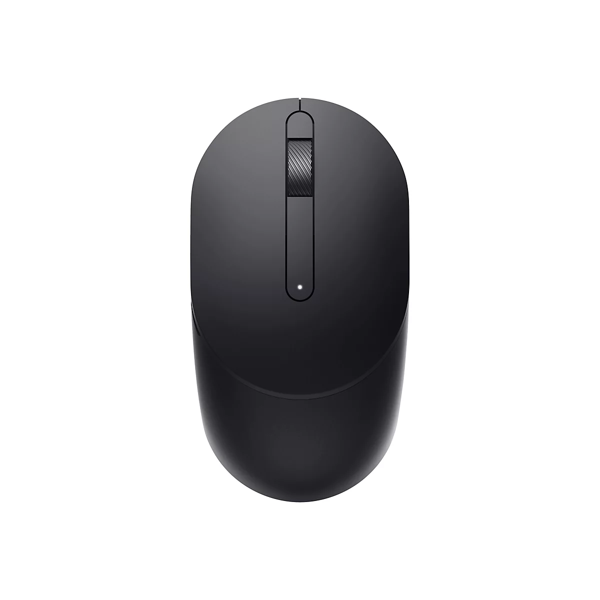 Souris d'ordinateur noire et ergonomique sur fond blanc. Au-dessus de la molette, un renfoncement, en dessous, une petite LED.