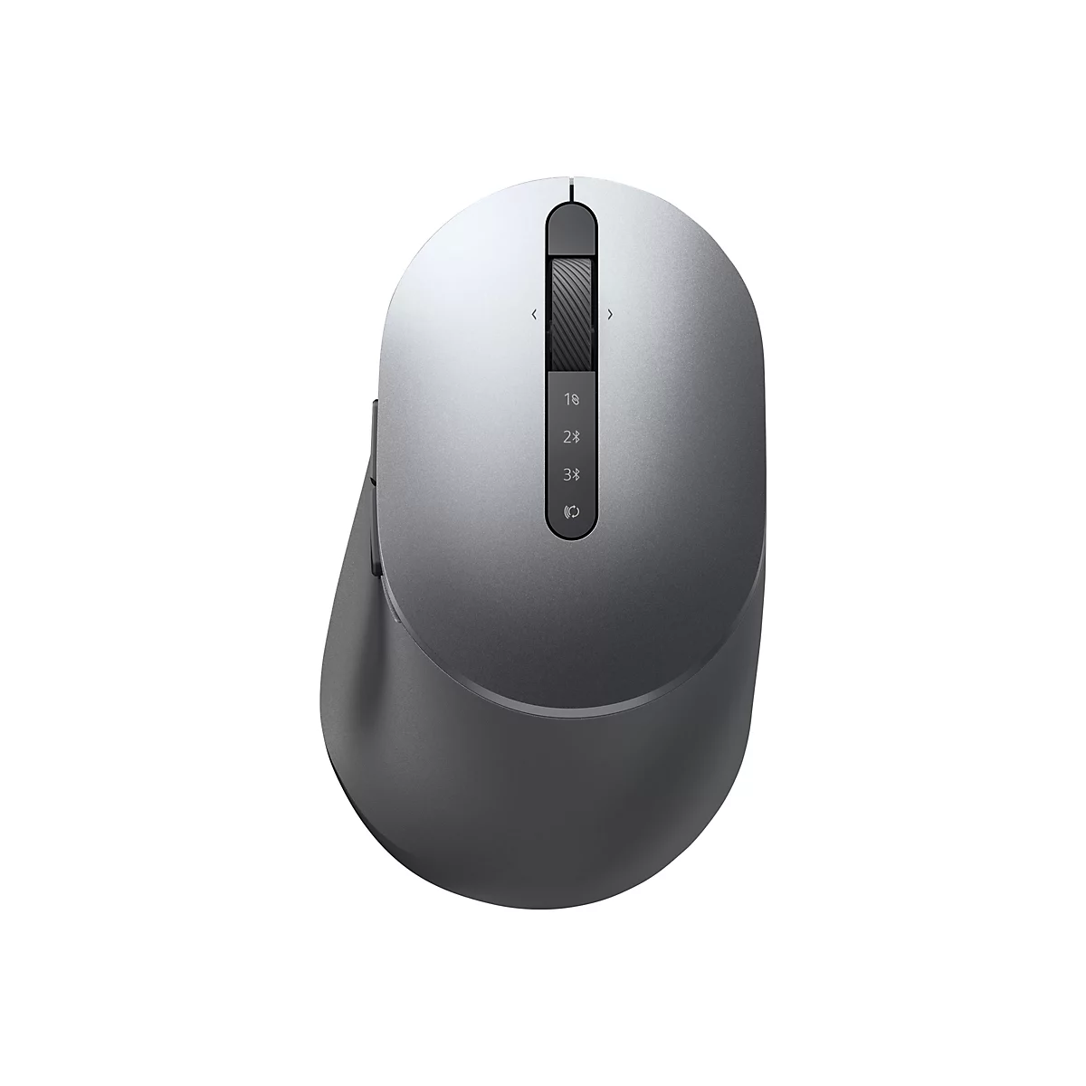 Souris sans fil vue de dessus. Grise, avec molette de défilement et boutons.