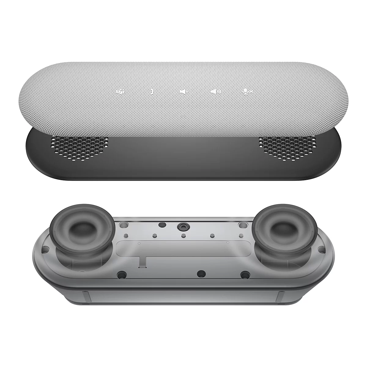 Gros plan d'un haut-parleur. La partie supérieure est gris clair avec des boutons de commande, en dessous un couvercle noir perforé. En dessous, une base grise avec des éléments de haut-parleur.