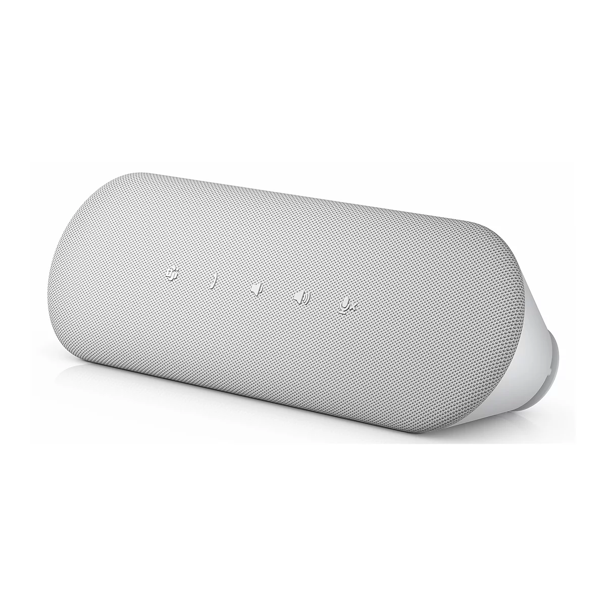 Un haut-parleur intelligent oblong blanc. Des symboles de fonctions sont apposés sur la surface.