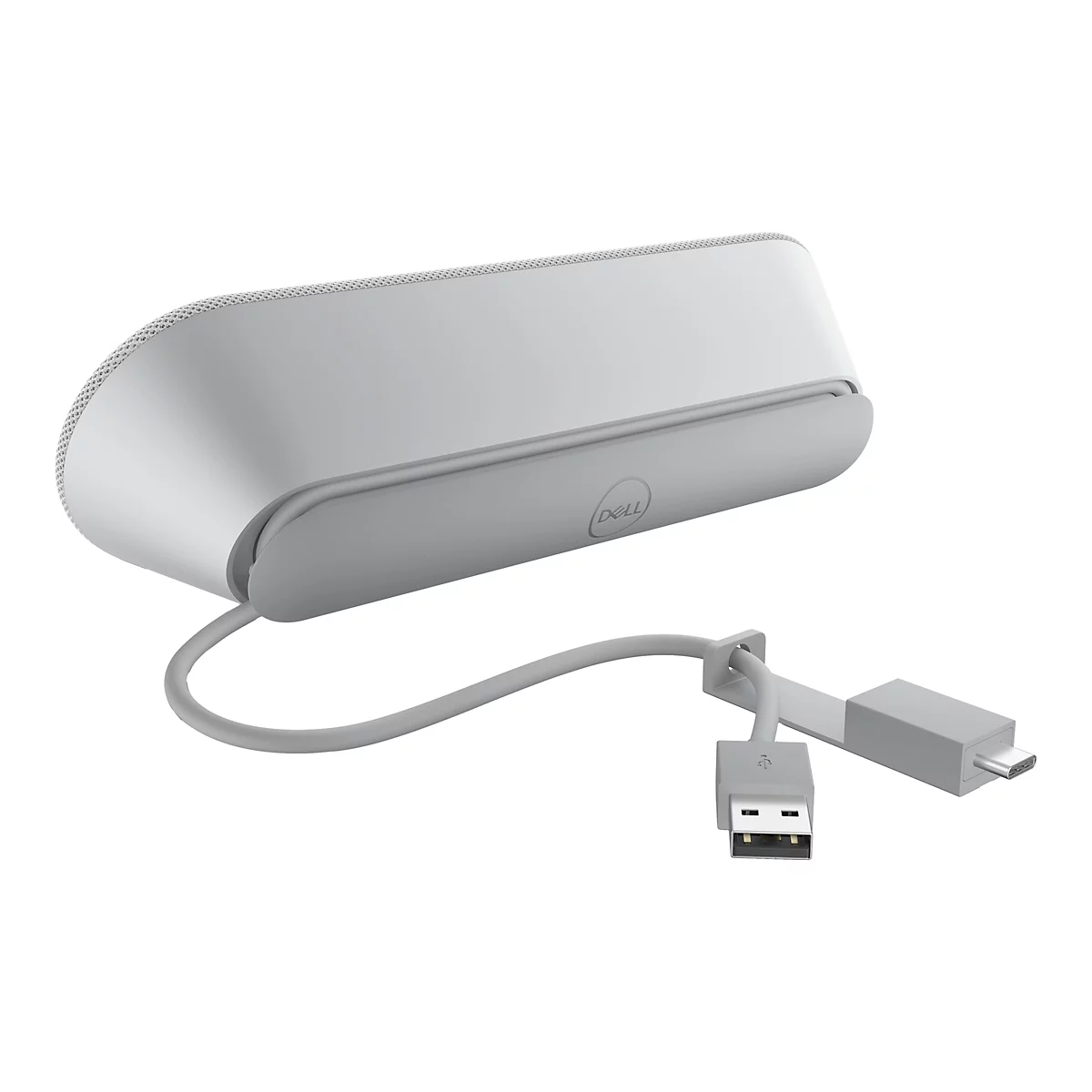 Haut-parleur gris clair avec logo Dell. Comprend un câble USB.