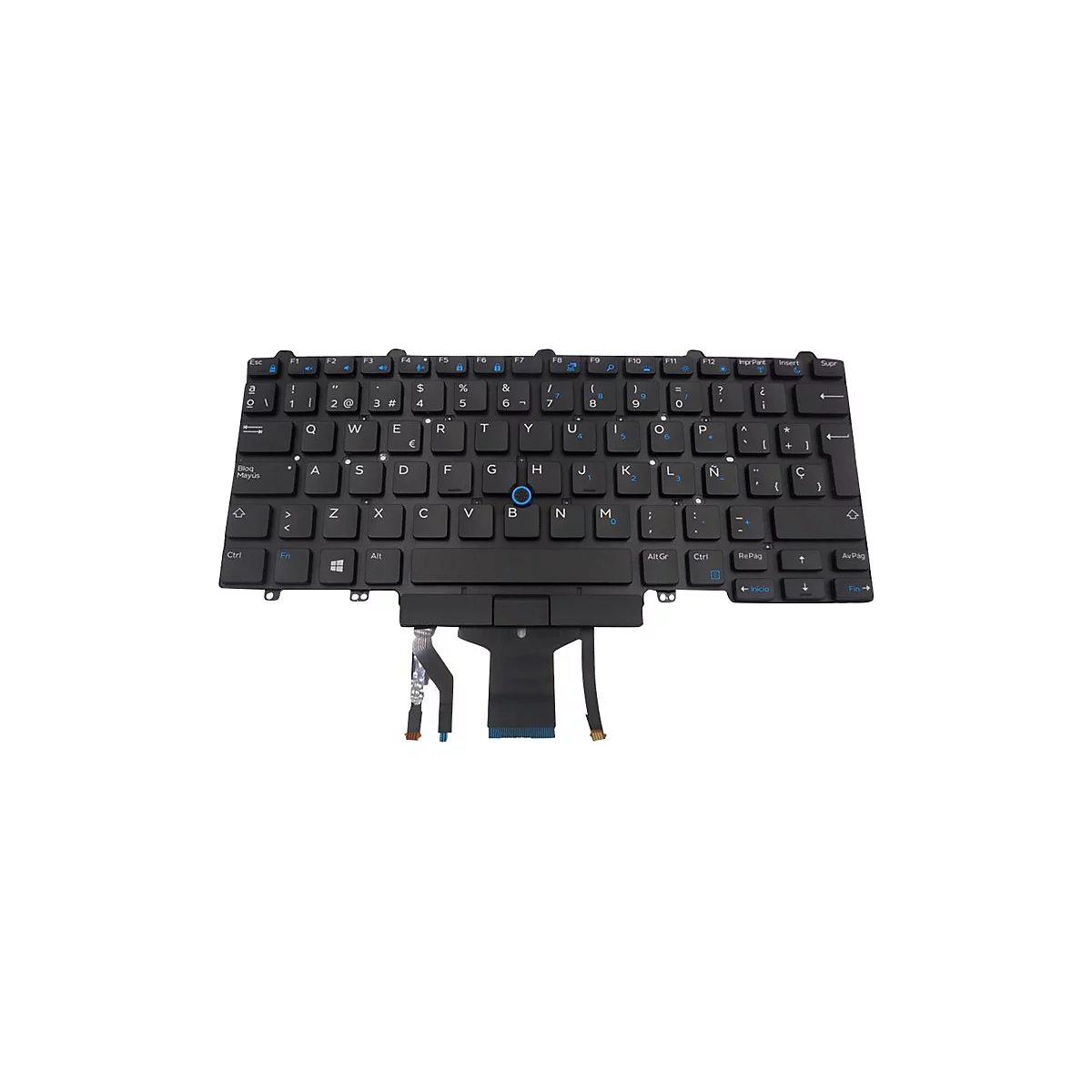 Schwarze Laptop-Tastatur mit Buchstaben und Symbolen. Unten Kabel und Anschlüsse.